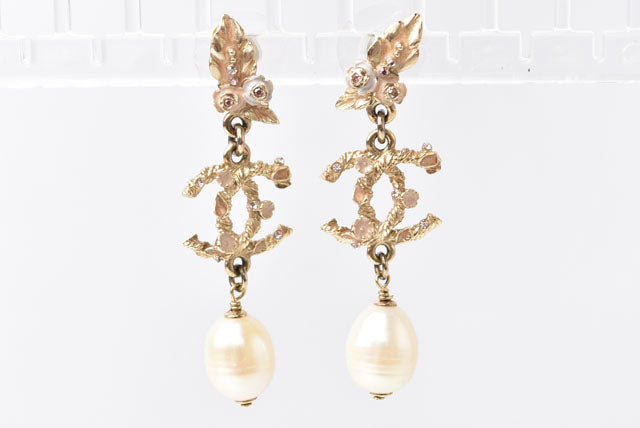 Chanel Swing Earrings CC Mark Feather Motif Pink/Gold