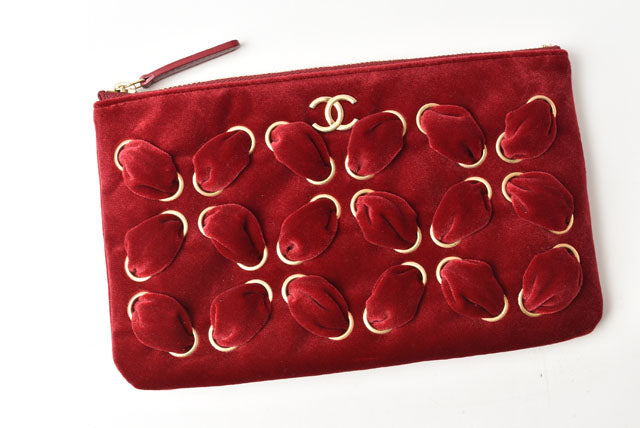 Chanel Red Velvet Clutch Bag/Flat Pouch