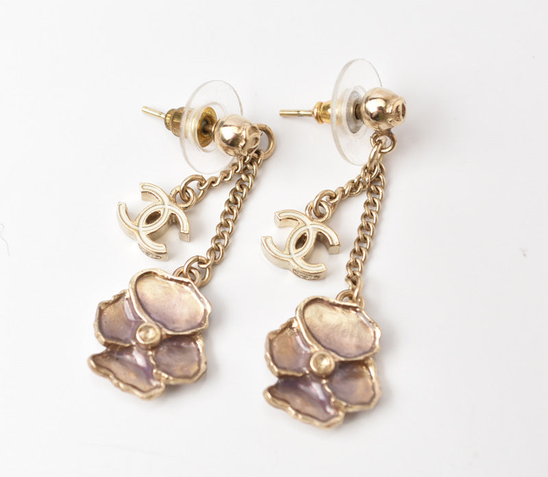 Chanel Logo CC Camellia Swing Gold Earrings