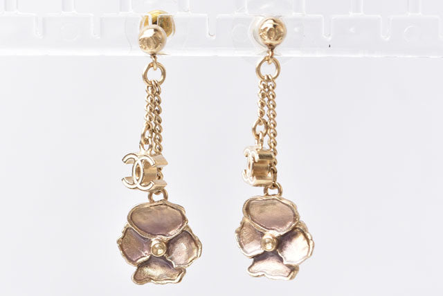 Chanel Logo CC Camellia Swing Gold Earrings