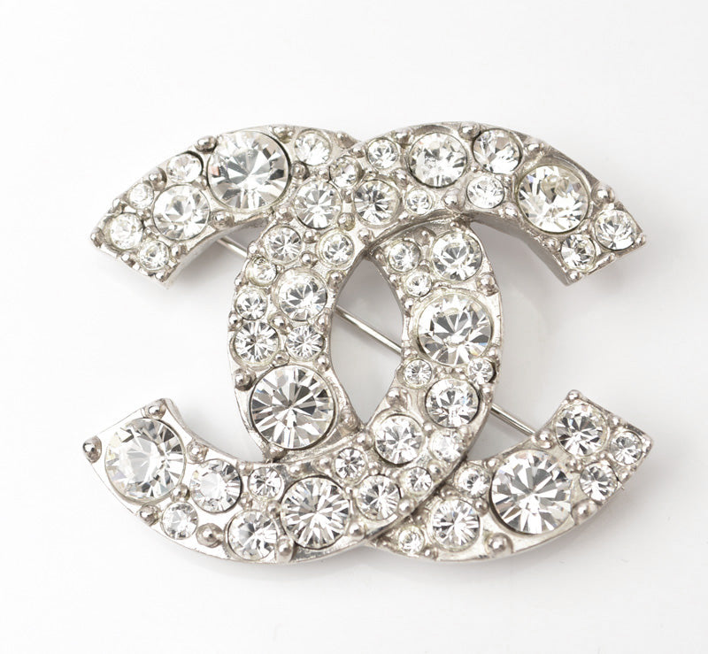 Chanel Brooch Coco Mark Rhinestone Silver in Great Condition