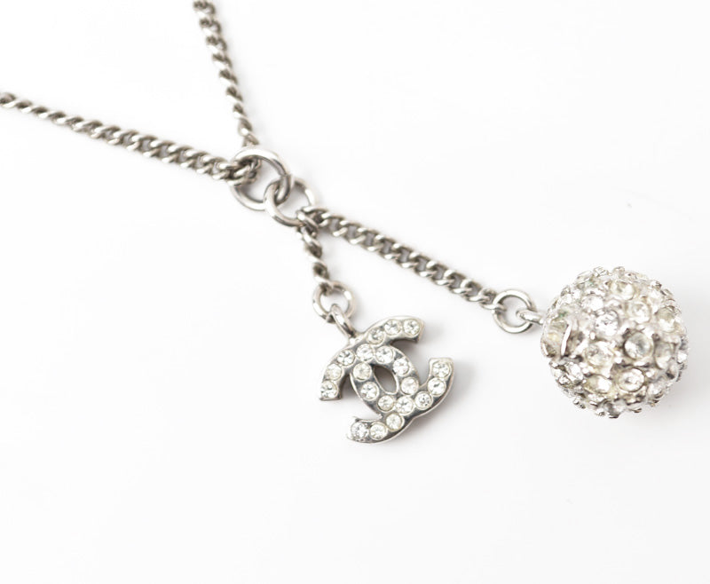 Chanel 2way Necklace/Pendant with Rhinestones and Silver CC Ball