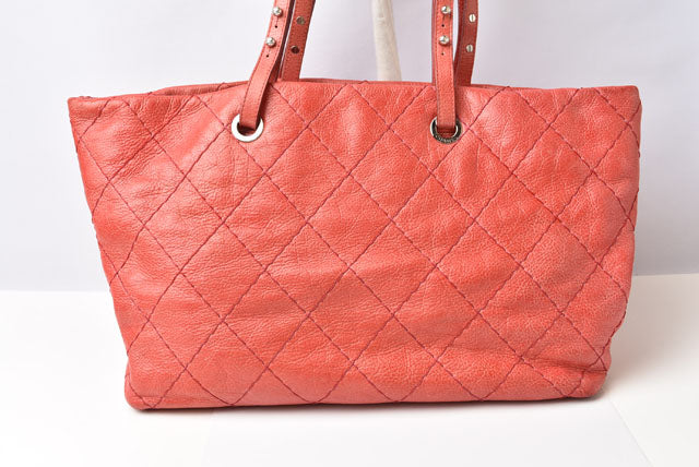 Chanel Quilted Leather Shoulder Tote Bag Dark Pink/Silver