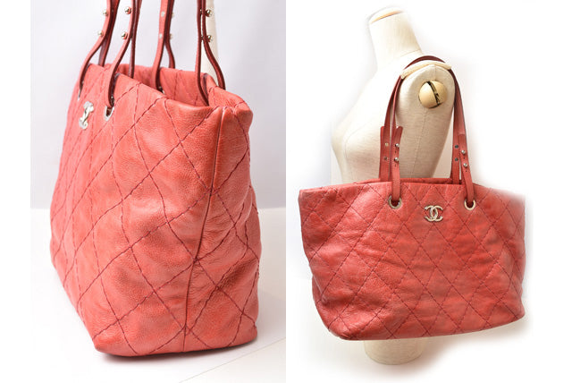 Chanel Quilted Leather Shoulder Tote Bag Dark Pink/Silver