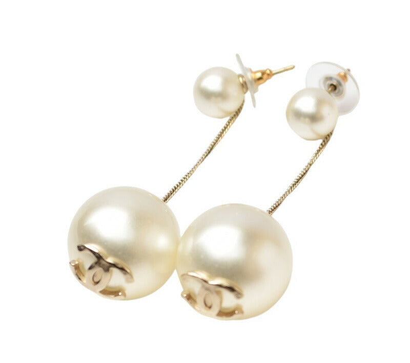 Chanel Logo CC Pearl Drop Earrings Gold