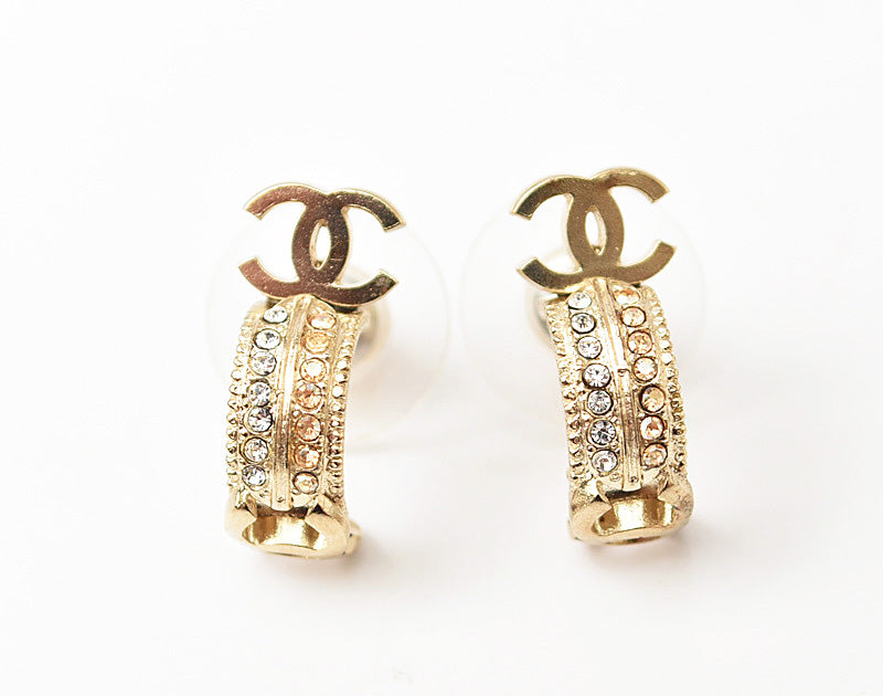 Chanel Double CC Mark Rhinestone Earrings Gold/Silver in Excellent Condition