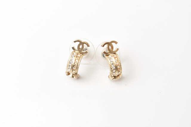 Chanel Double CC Mark Rhinestone Earrings Gold/Silver in Excellent Condition