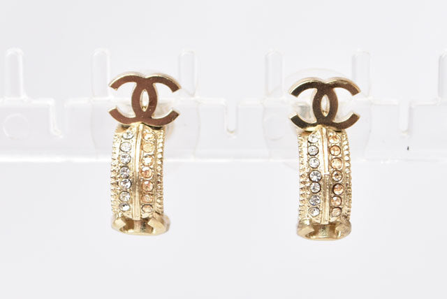 Chanel Double CC Mark Rhinestone Earrings Gold/Silver in Excellent Condition