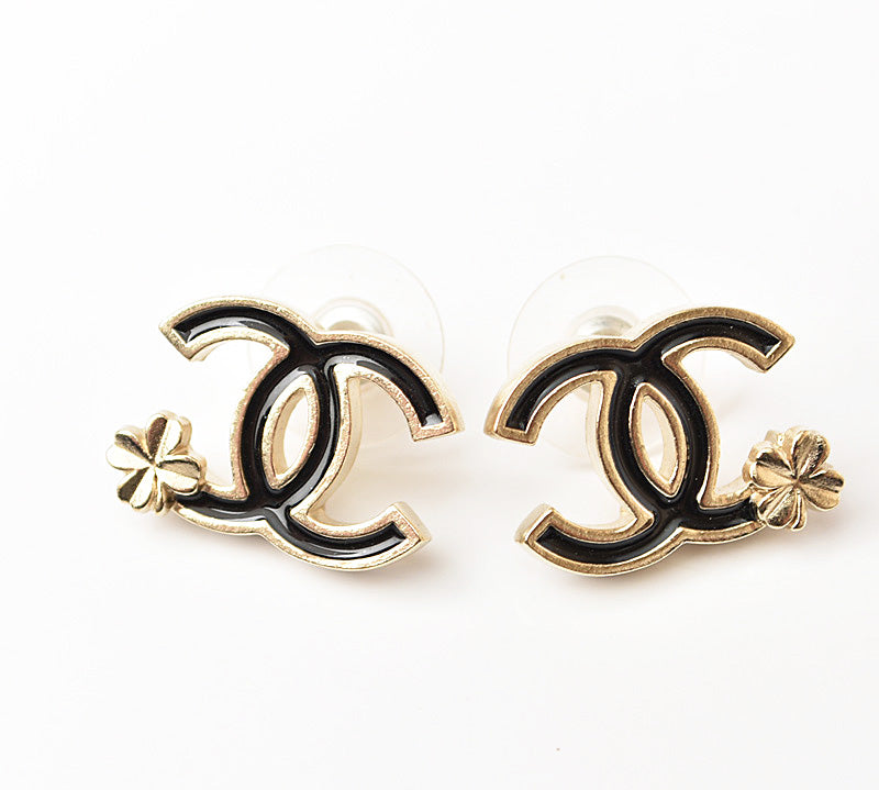 Chanel Earrings CC Mark Clover Black/Gold in Great Condition