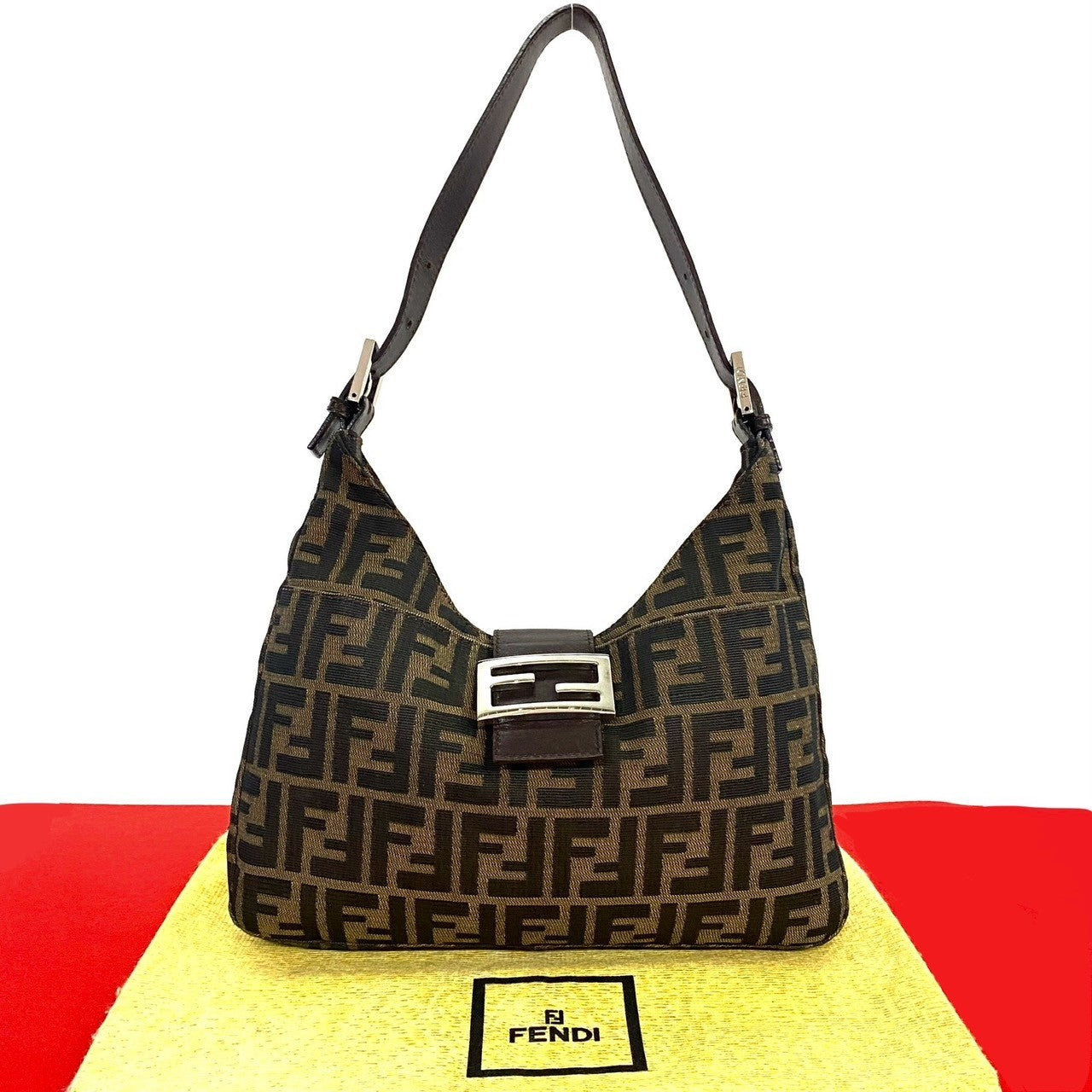 Fendi Mamma Baguette Leather Canvas Shoulder Bag