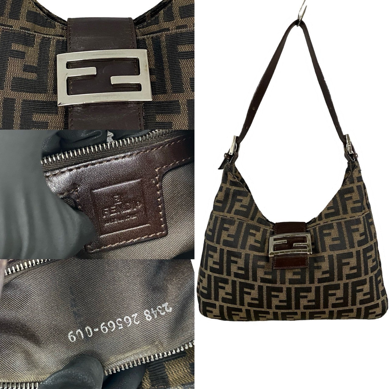 Fendi Mamma Baguette Leather Canvas Shoulder Bag