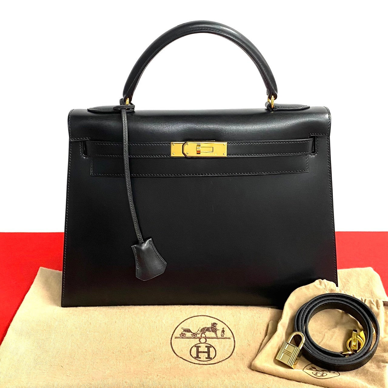 Hermes Kelly 32 Leather 2way Handbag Black