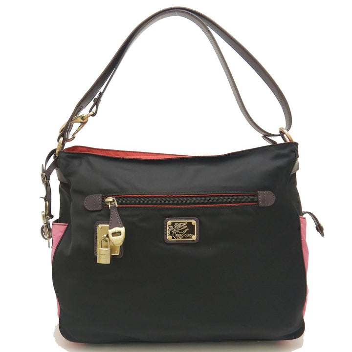 Piero Guidi Nylon Leather Shoulder Bag Black Red Pink