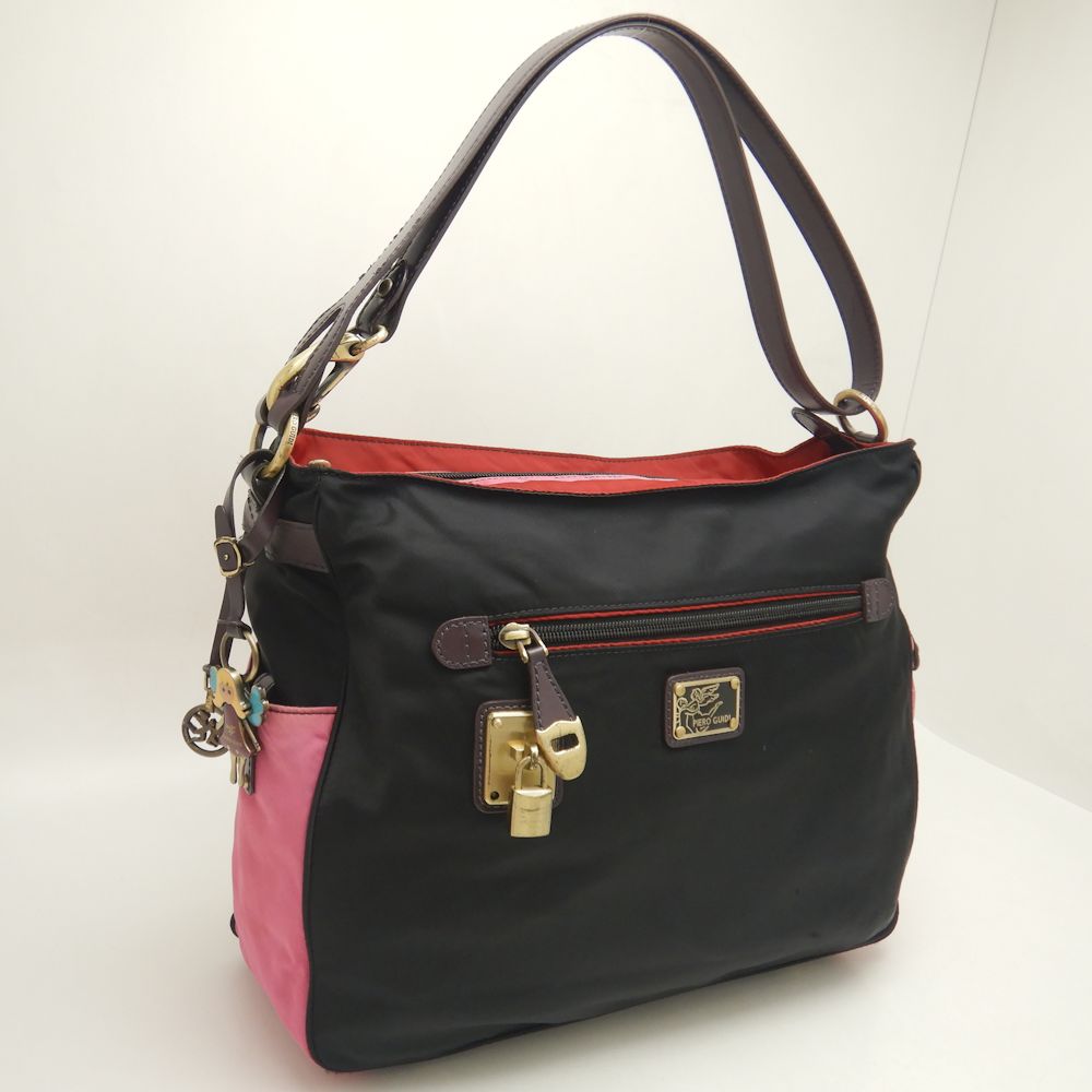 Piero Guidi Nylon Leather Shoulder Bag Black Red Pink