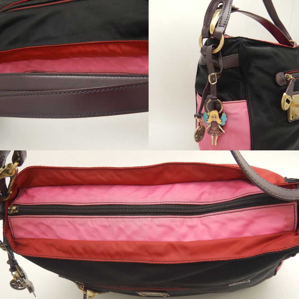 Piero Guidi Nylon Leather Shoulder Bag Black Red Pink