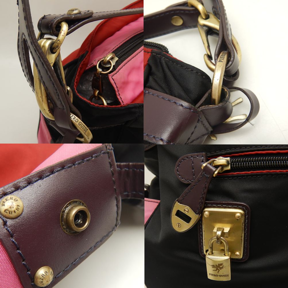 Piero Guidi Nylon Leather Shoulder Bag Black Red Pink