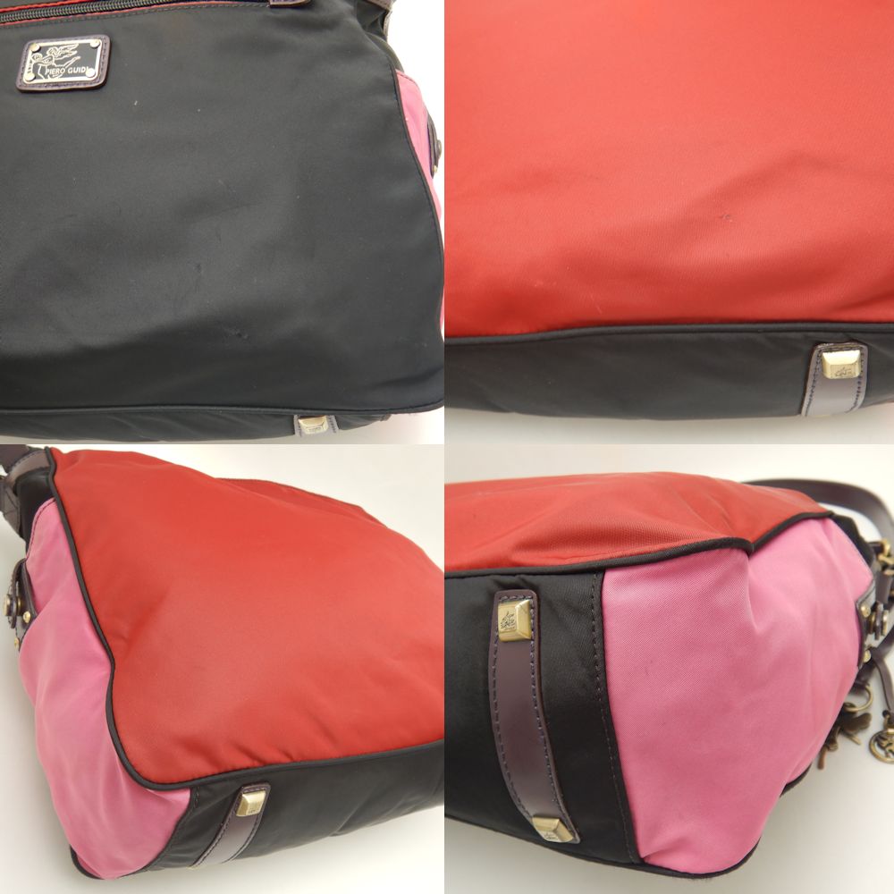 Piero Guidi Nylon Leather Shoulder Bag Black Red Pink