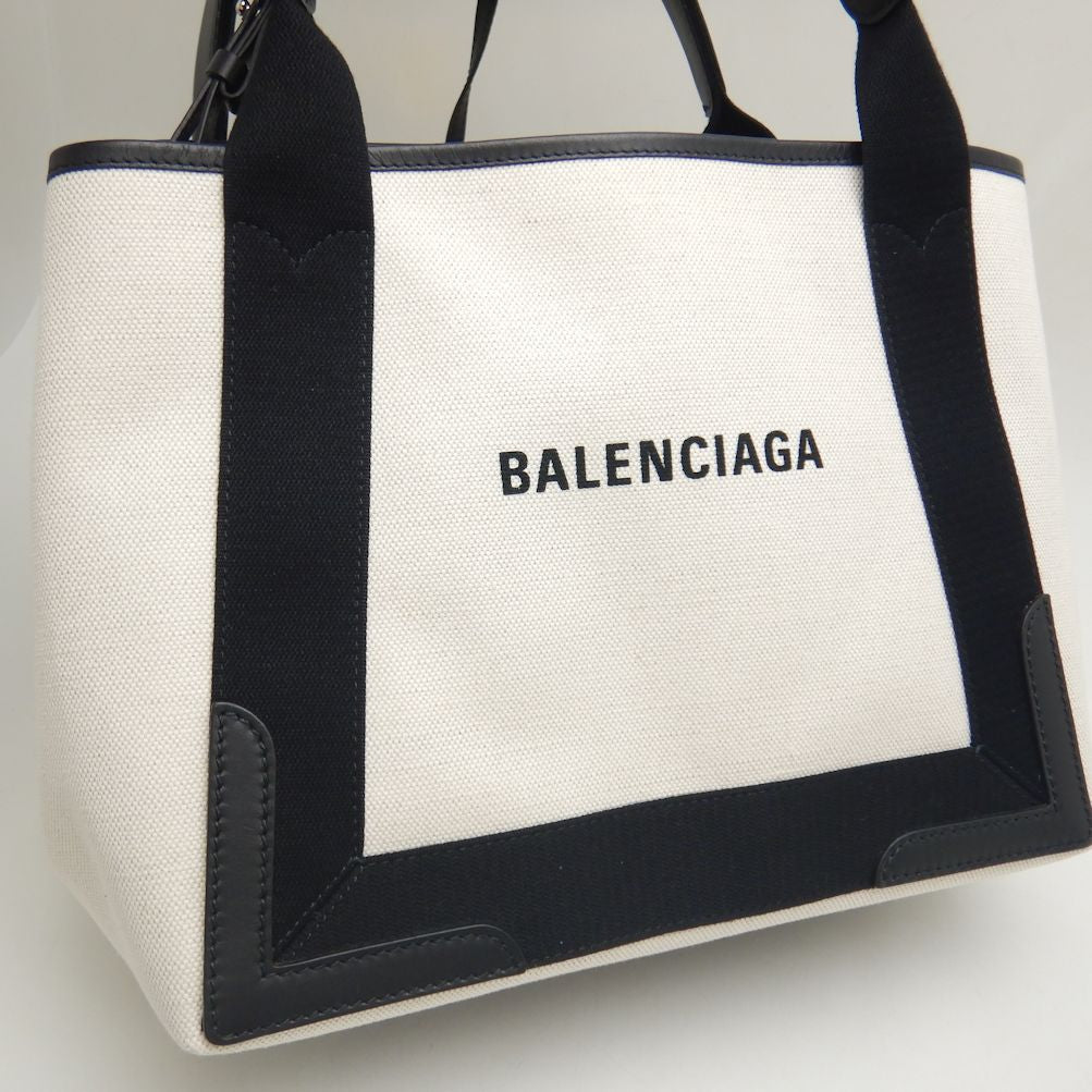 Balenciaga Navy Cabas S Canvas Leather Handbag