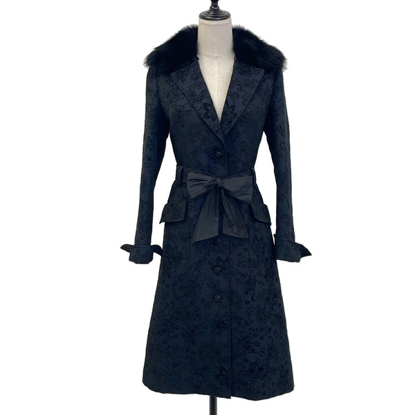 Rene Embroidery Fox Fur Collar Belted Long Coat