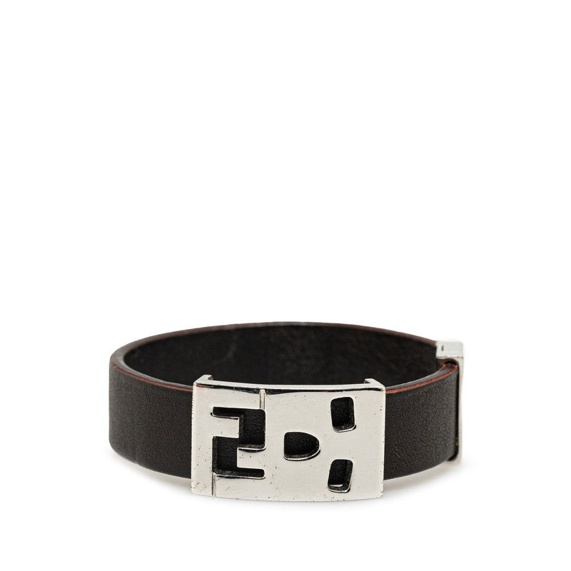 Fendi Silver Brown Leather FF Logo Skull Motif Bracelet