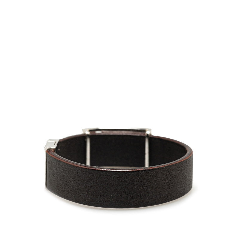 Fendi Silver Brown Leather FF Logo Skull Motif Bracelet