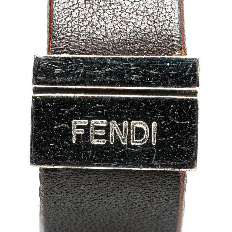 Fendi Silver Brown Leather FF Logo Skull Motif Bracelet