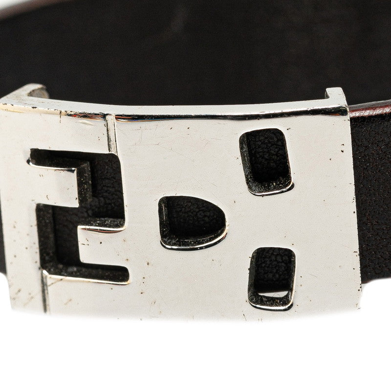 Fendi Silver Brown Leather FF Logo Skull Motif Bracelet in Very Good Condition