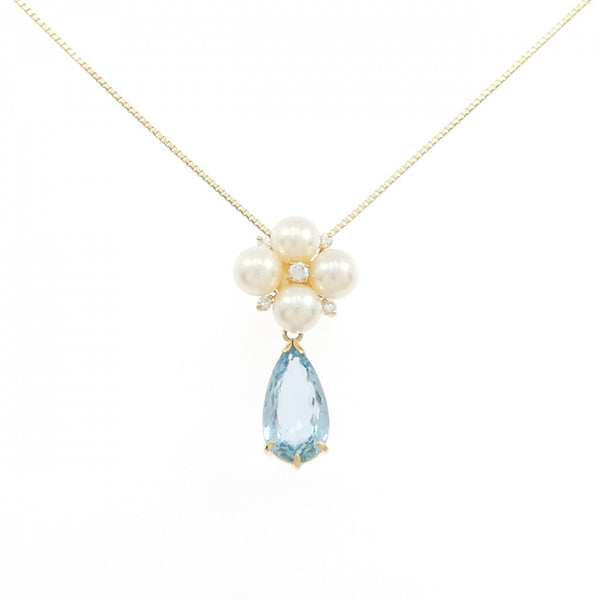 Akoya Pearl Diamond Aquamarine Au750 Flower Necklace