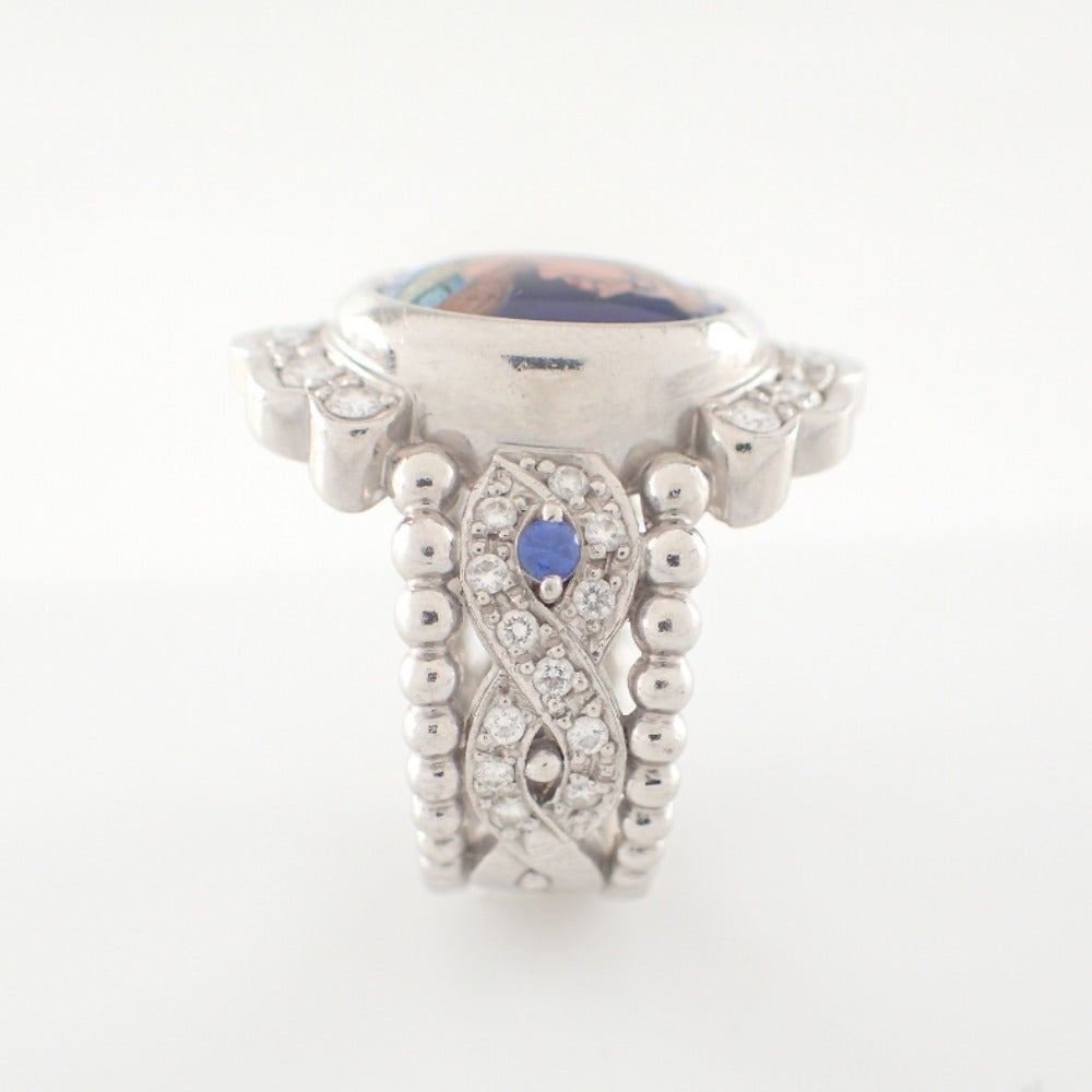 LuxUness  Mitsuo Kaji PT900 Enamel Jewelry with Melee Diamonds and Sapphires Ring in Good Condition