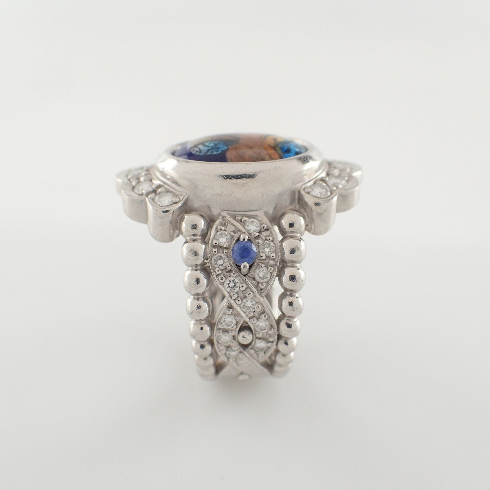 LuxUness  Mitsuo Kaji PT900 Enamel Jewelry with Melee Diamonds and Sapphires Ring in Good Condition