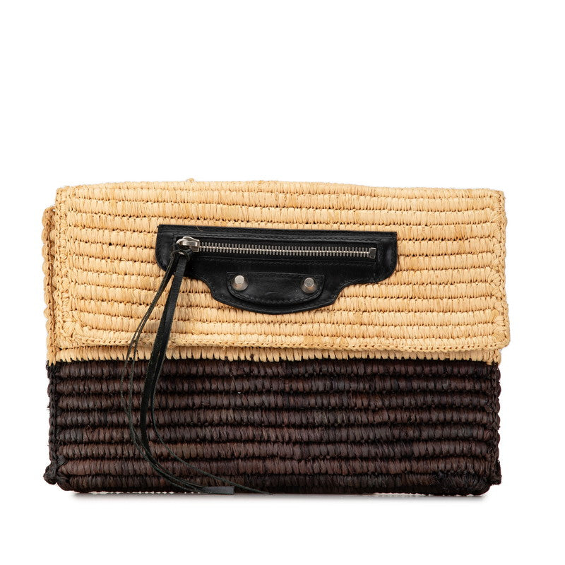 Balenciaga Raffia Leather Clutch Bag Beige Brown