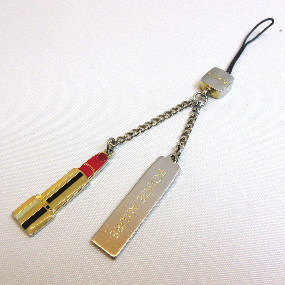 Chanel Metal Mobile Strap Keychain Gold Black Red Lipstick Motif