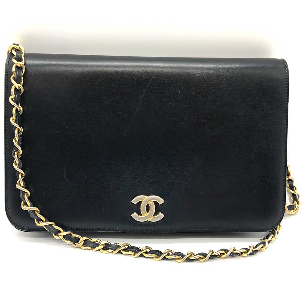 Chanel Leather Chain Shoulder Bag Black Gold