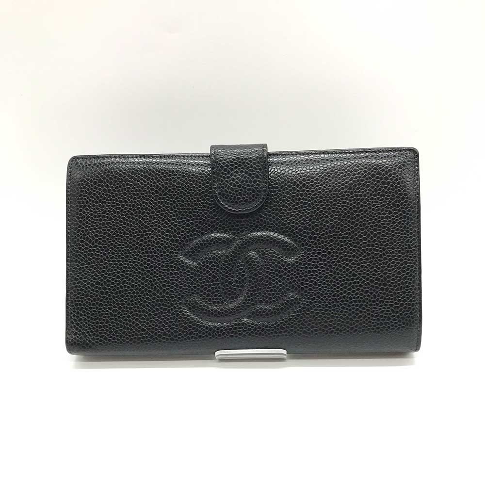 Chanel Caviar Skin Leather Bifold Long Wallet Black in Very Good Condition