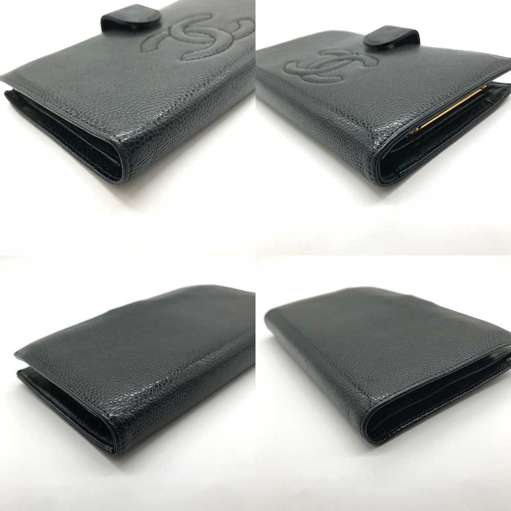 Chanel Caviar Skin Leather Bifold Long Wallet Black in Very Good Condition