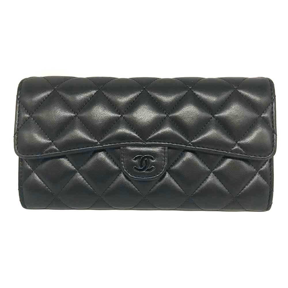 Chanel Long Flap Wallet Lambskin Black in Very Good Condition