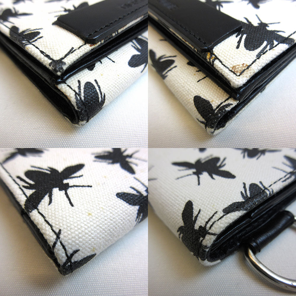 Dior Canvas Leather Mini Wallet Trifold White Black Bee Motif