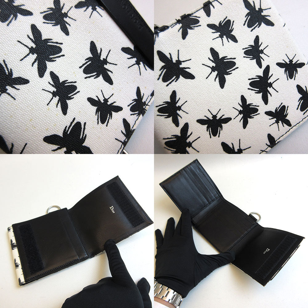 Dior Canvas Leather Mini Wallet Trifold White Black Bee Motif in Very Good Condition