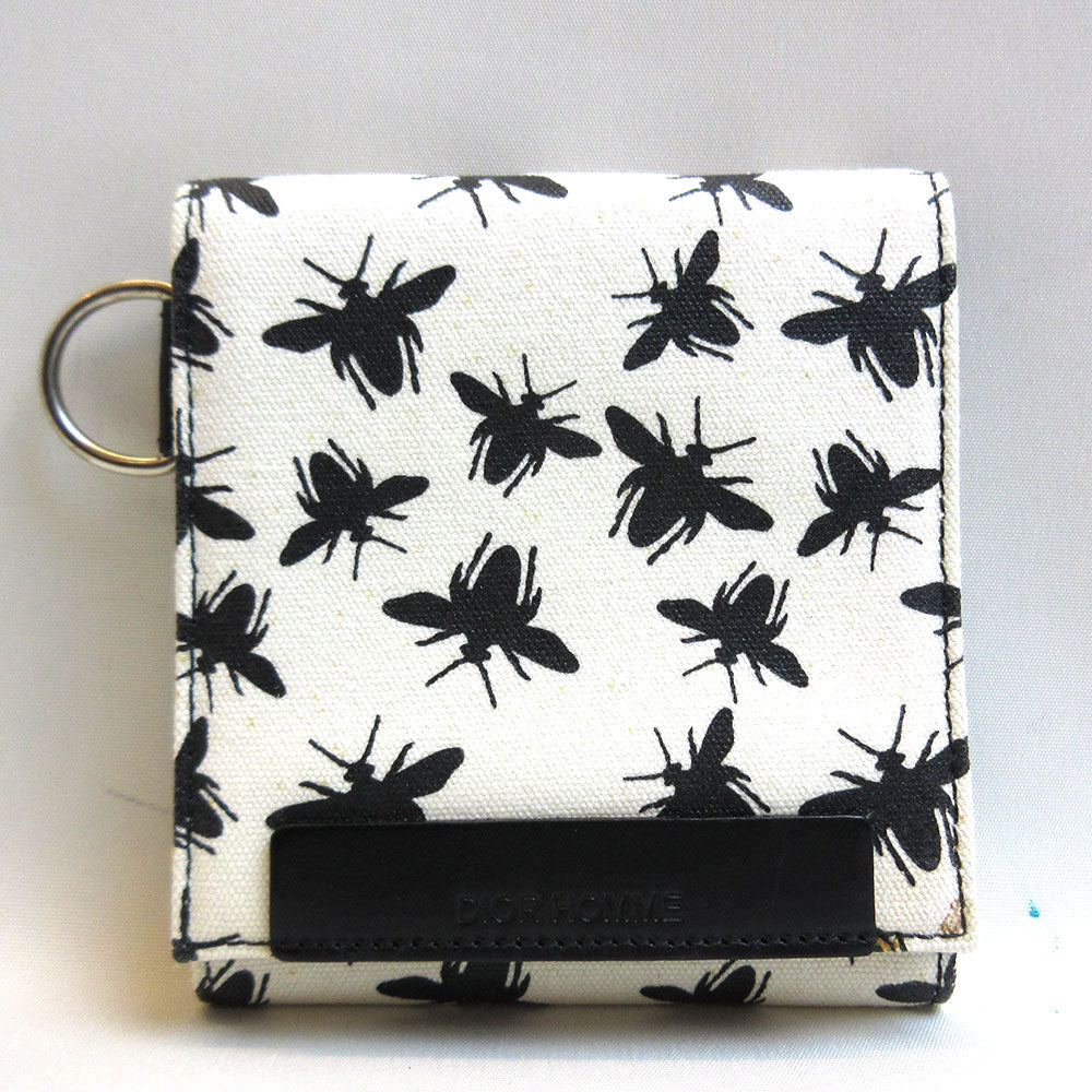 Dior Canvas Leather Mini Wallet Trifold White Black Bee Motif