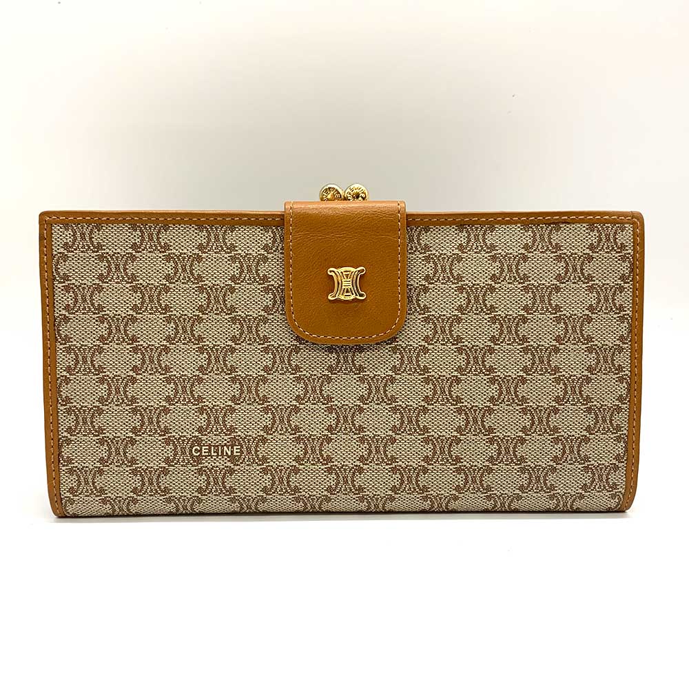 Celine Triomphe Pattern Long Wallet Beige Brown