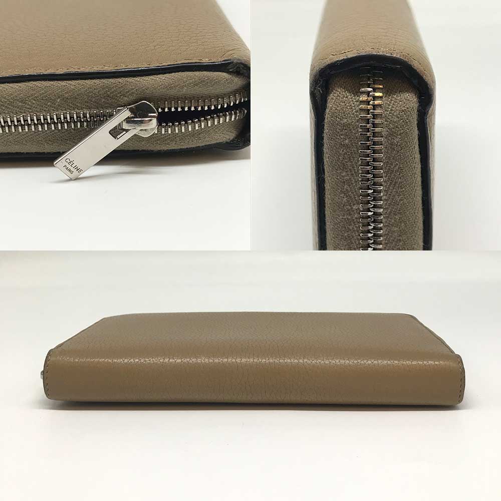 Celine Leather Round Zip Long Wallet Beige