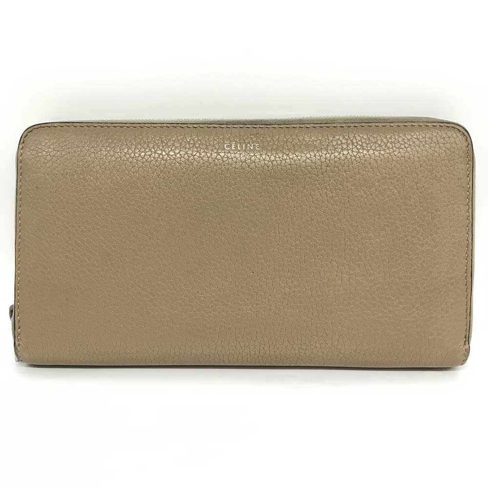 Celine Beige Leather Round Zip Long Wallet in Very Good Condition