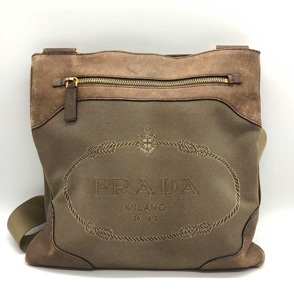 Prada Jacquard Leather Shoulder Bag Beige in Good Condition