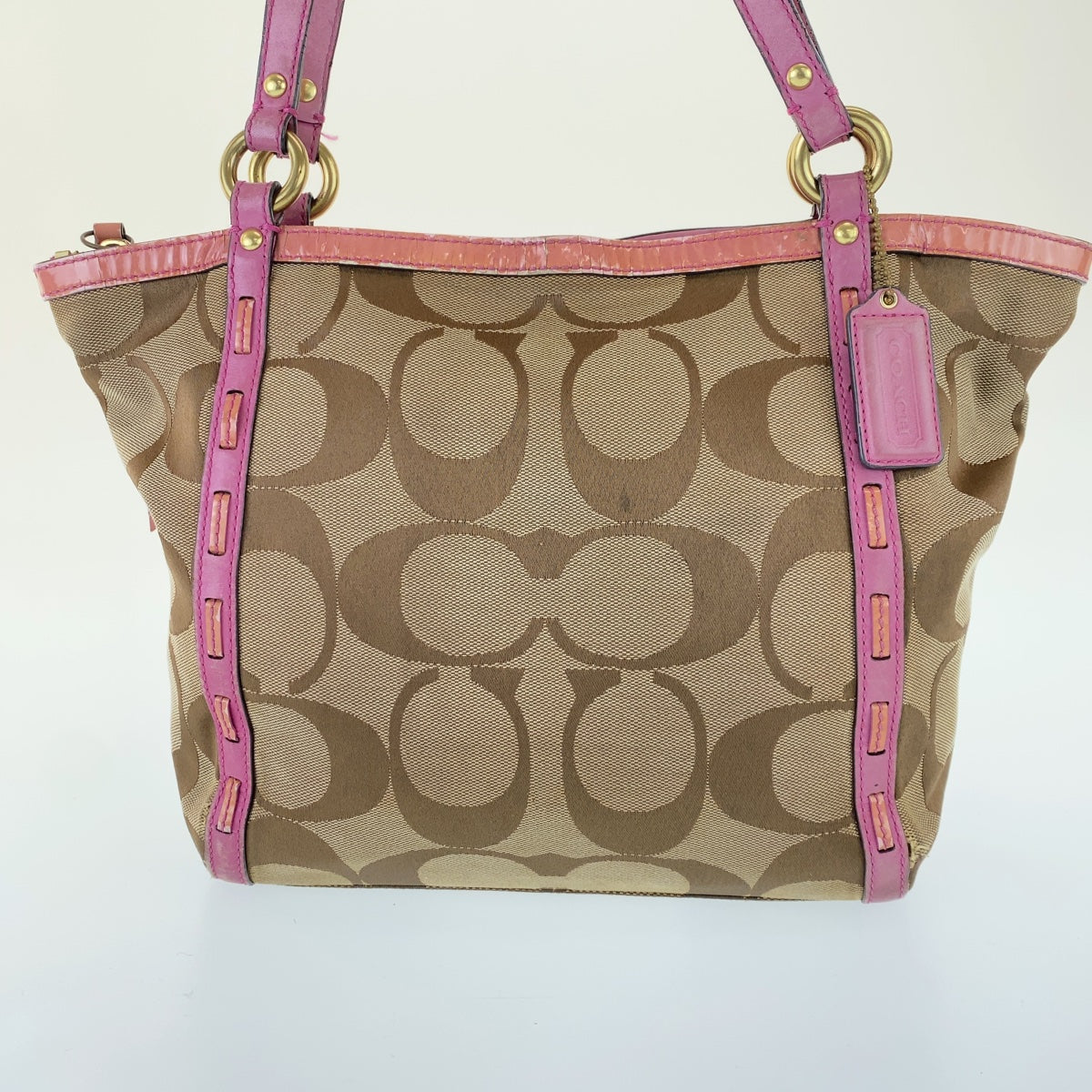 Coach Signature Brown Pink Leather Canvas Tote Shoulder Bag in Good Condition