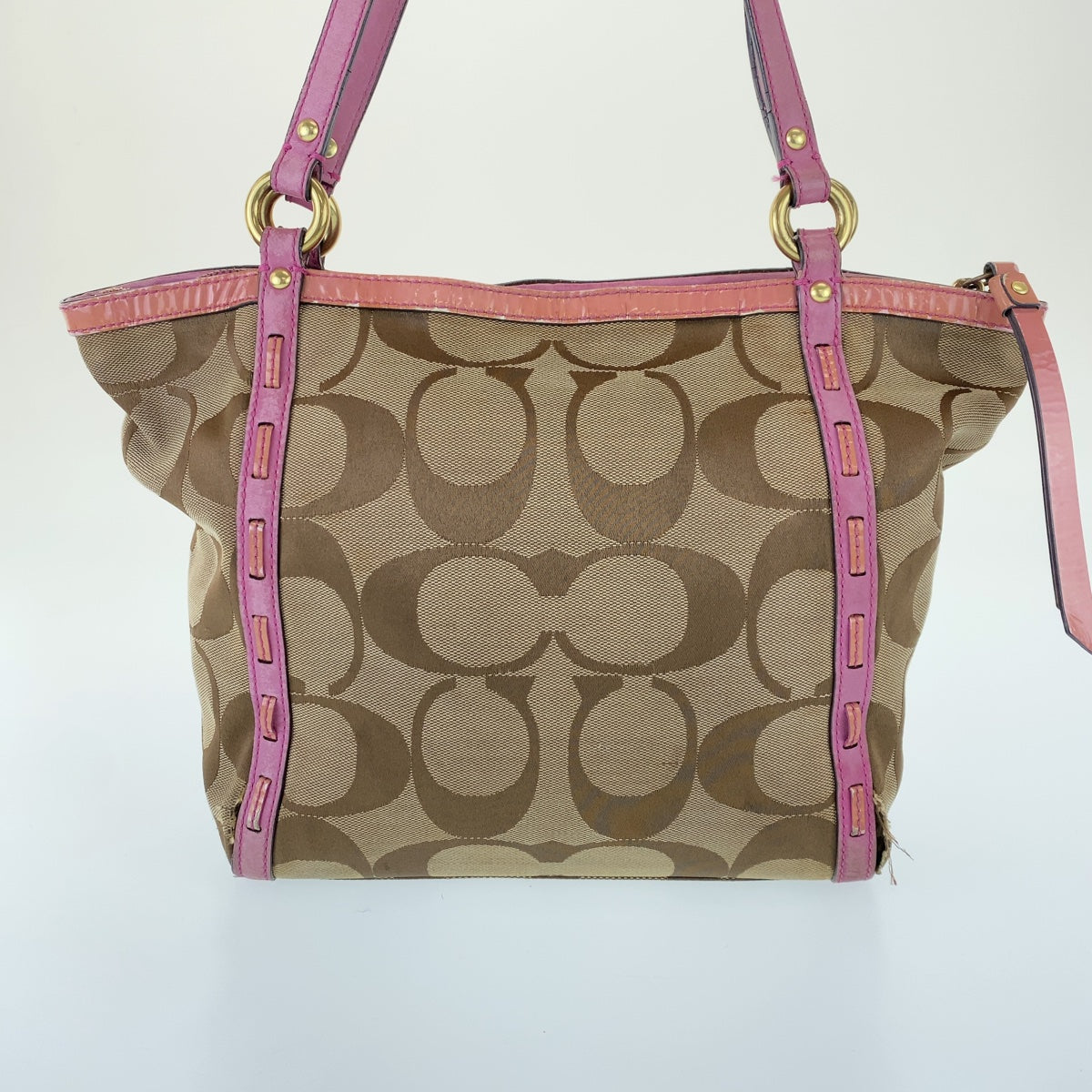 Coach Signature Brown Pink Leather Canvas Tote Shoulder Bag in Good Condition