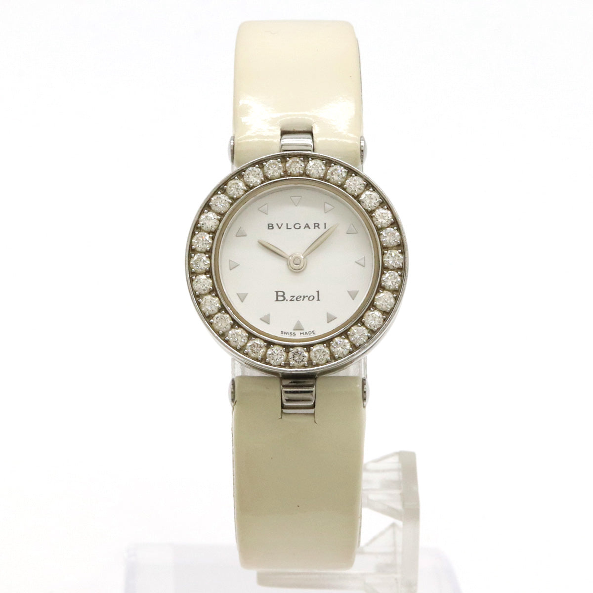 Bvlgari B.zero1 Diamond Bezel White Dial Enamel Leather Belt Ladies Quartz Watch in Very Good Condition