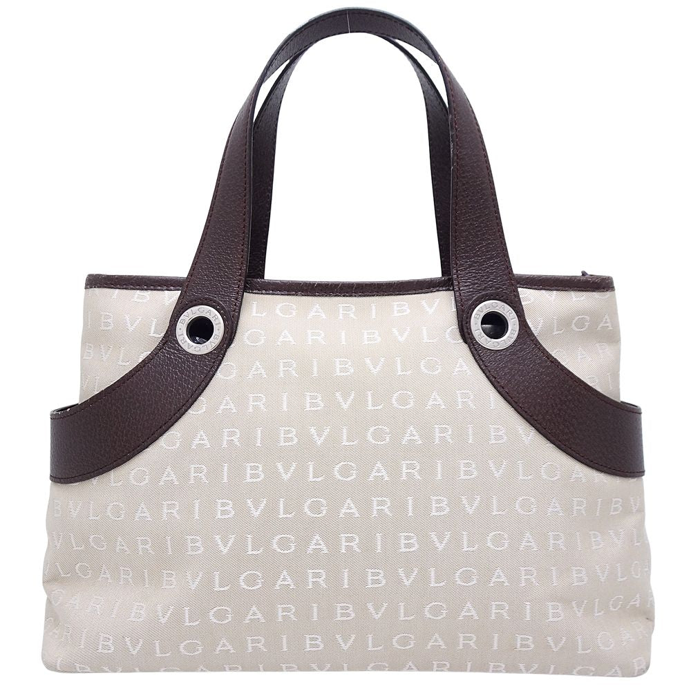 Bvlgari Canvas Leather Handbag Beige Brown