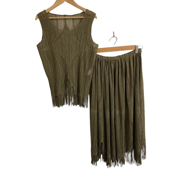 Pleats Please Issey Miyake Fringe Mesh Top Skirt Set