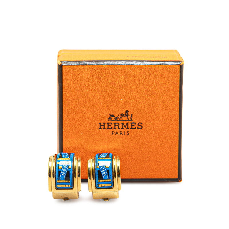 Hermes Enamel Clip-On Earrings Gold Blue in Great Condition