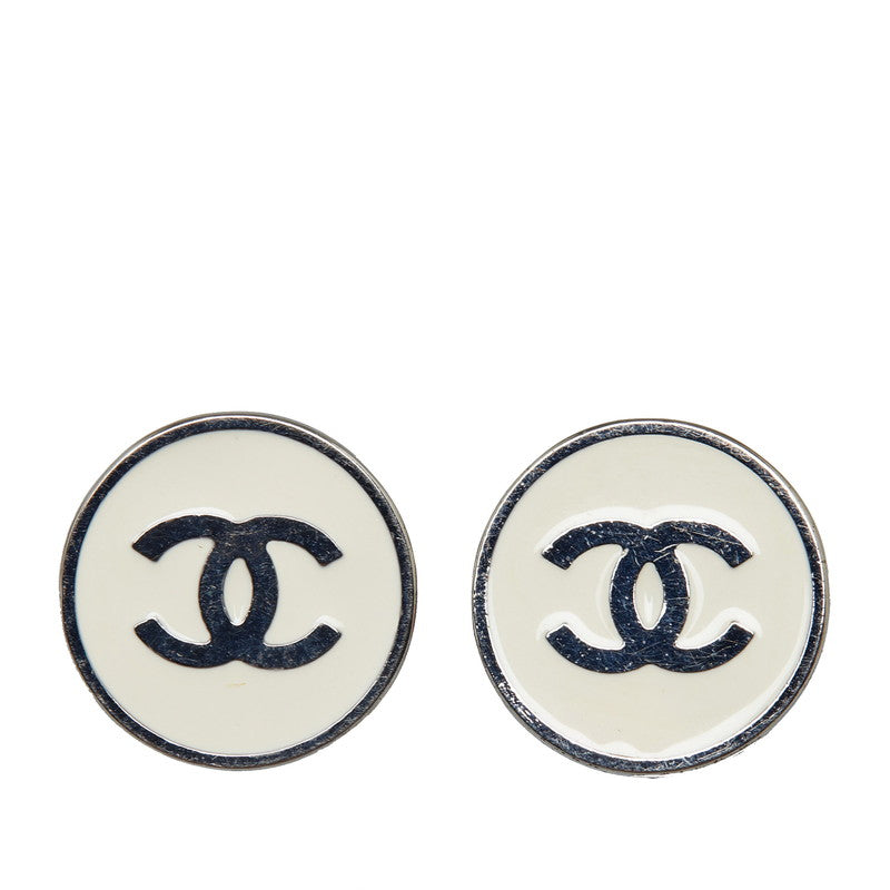 Chanel Coco Mark Enamel Earrings Silver White Metal in Very Good Condition